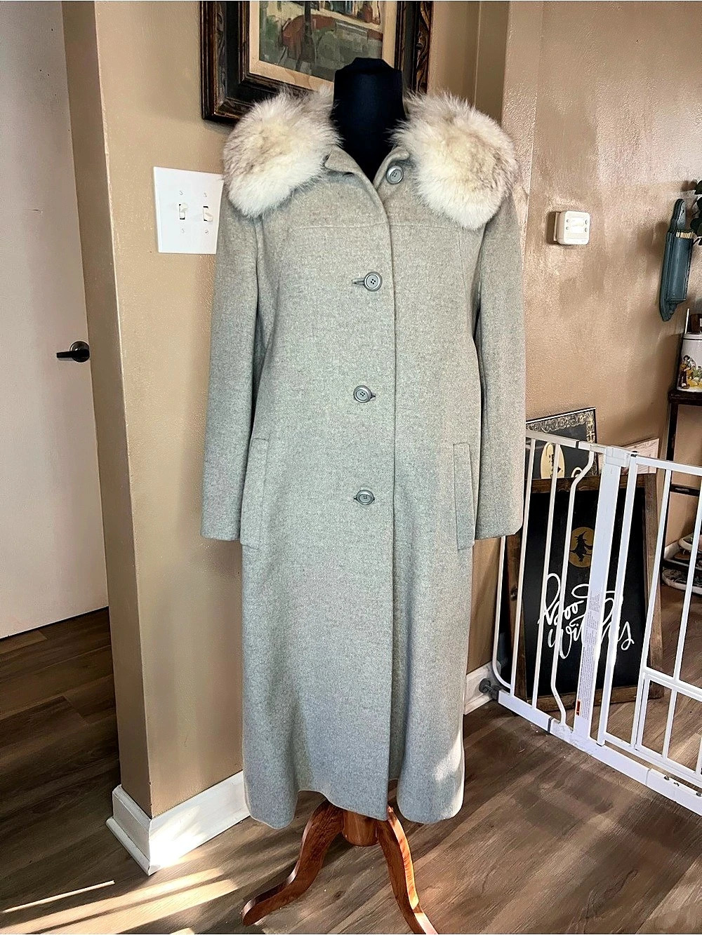 Vintage Wool Fur Collar Long Coat Size 12 Like New
